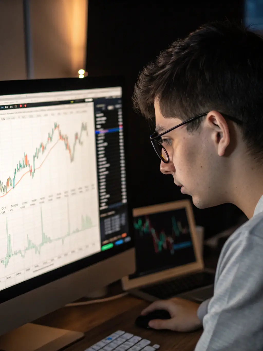 A beginner trader analyzing stock charts on a computer screen, with educational resources and trading tools visible in the background.