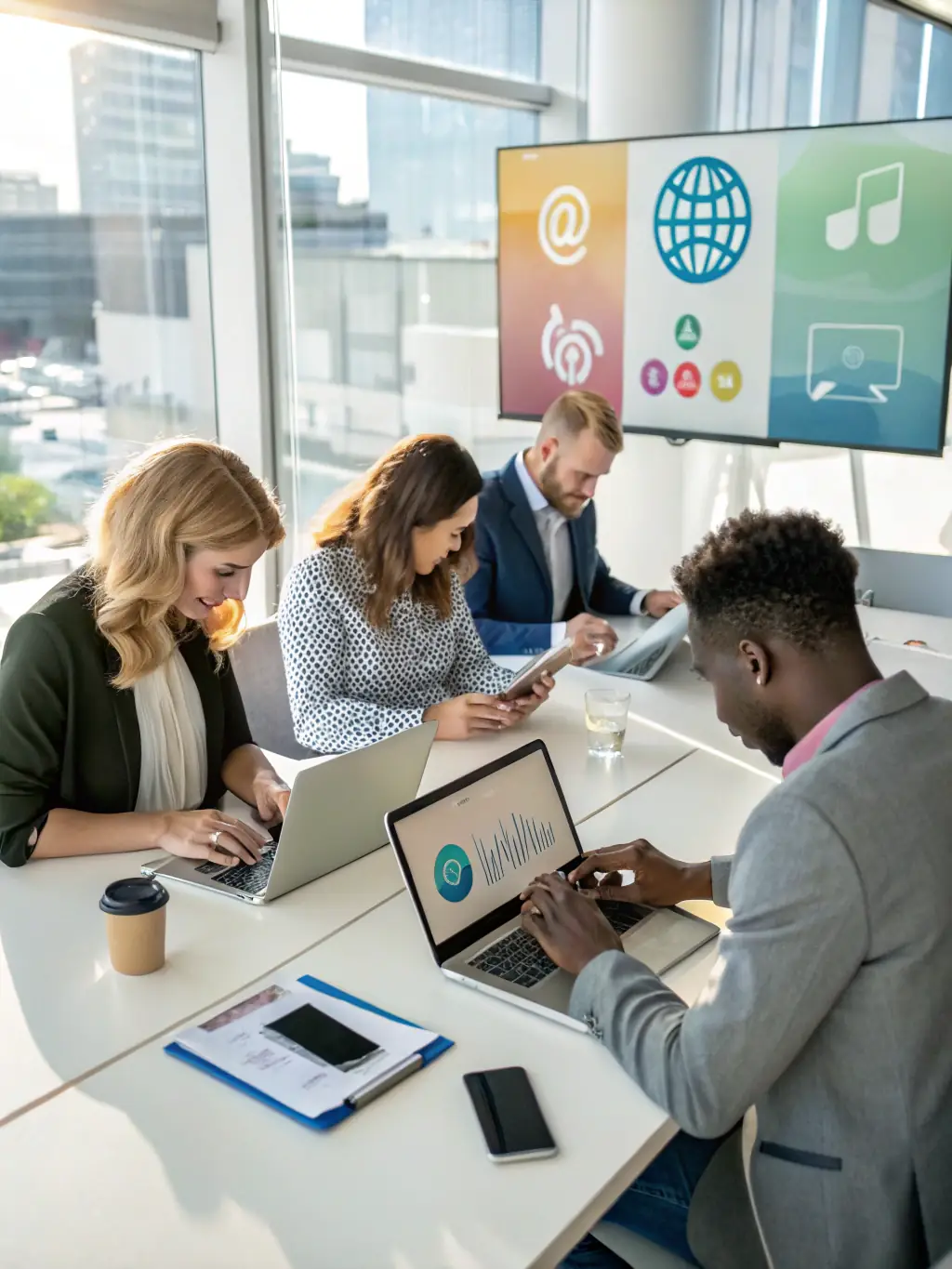 A diverse group of professionals collaborating in a modern co-working space, symbolizing teamwork and professional growth.