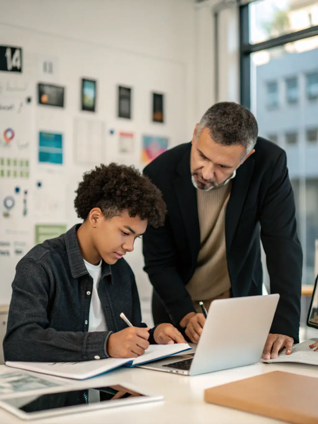 An image of a coach guiding a client through a business plan on a laptop in a modern office setting, symbolizing Business Development Coaching.