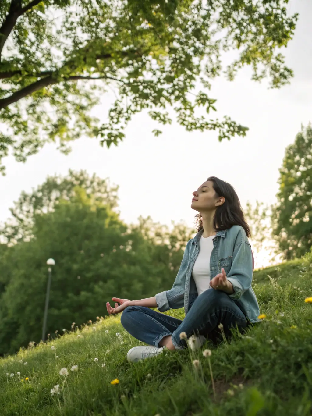 A person meditating outdoors with a notebook, symbolizing self-awareness and personal growth.