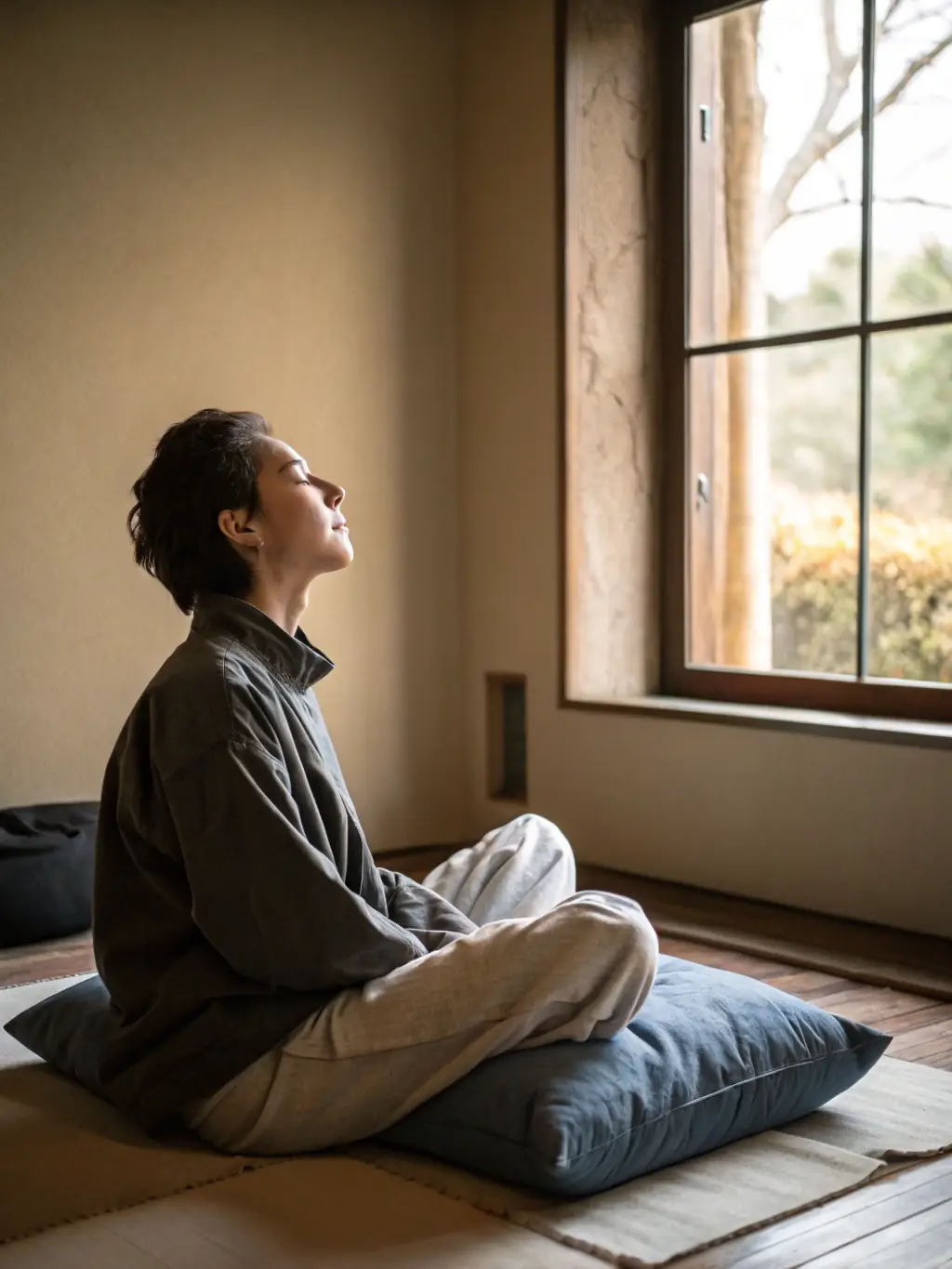A person meditating in a peaceful environment, symbolizing personal growth and mindfulness, with soft, natural lighting.
