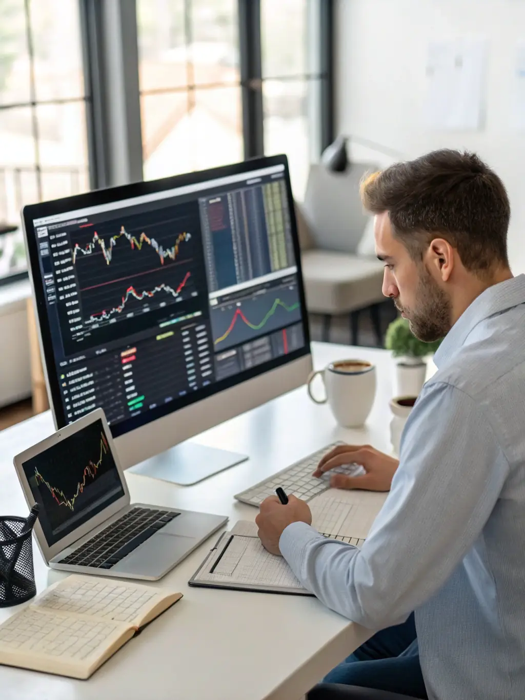 A trader analyzing charts on a computer screen with financial graphs and indicators, representing Trading for Beginners.