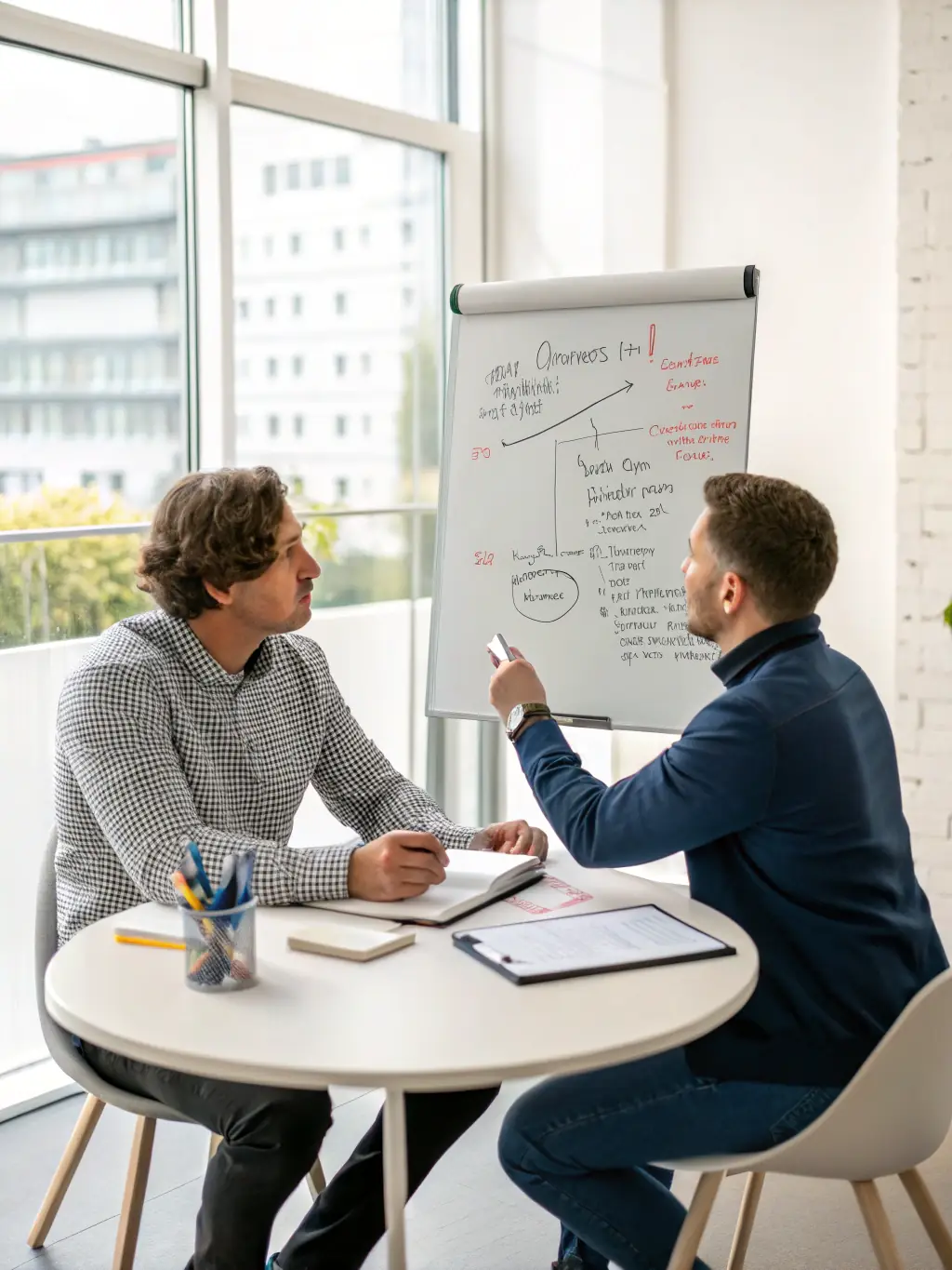 A professional business coach in a modern office setting, guiding a client through a strategic planning session, with charts and graphs visible on a large screen in the background.