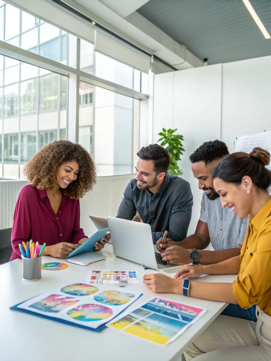 A diverse group of professionals collaborating in a modern co-working space, brainstorming ideas and sharing insights, with laptops and coffee cups on the table.